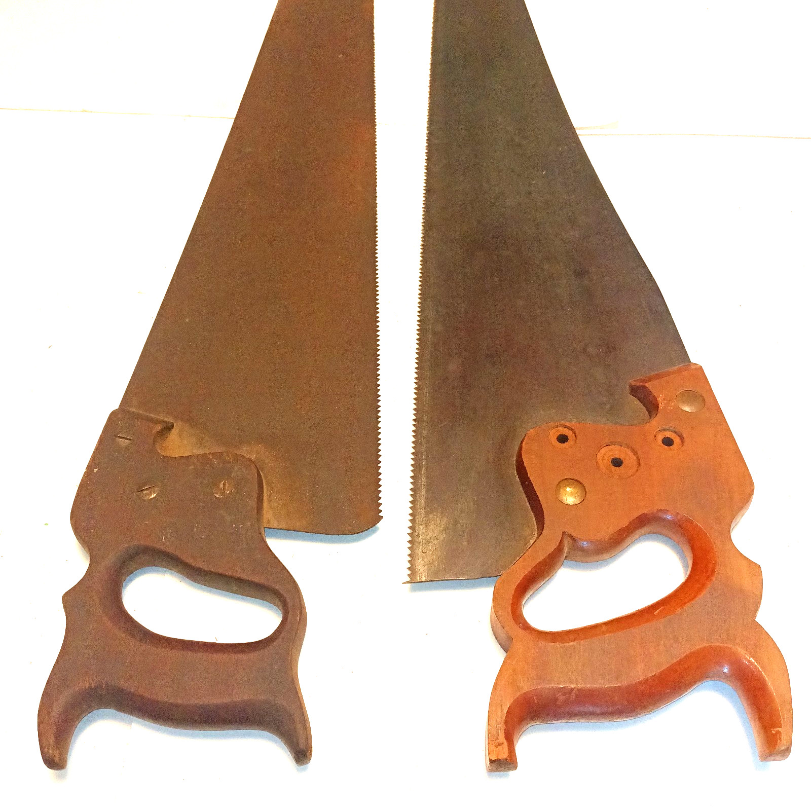 8 Vintage/Antique Hand Saw Lot 26″ + 20″ Wood Handle Carved Wheat & Sea Designs