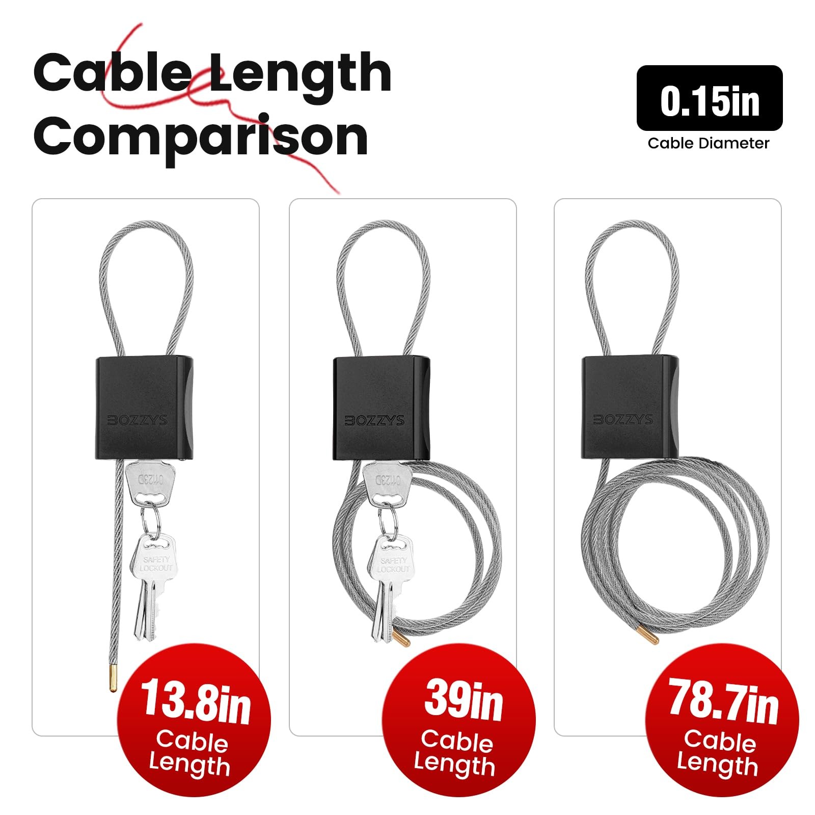 BOZZYS Cable Padlock with 3 Compact, black – L 1.15ft(0.35m),D 1/6in(4mm)