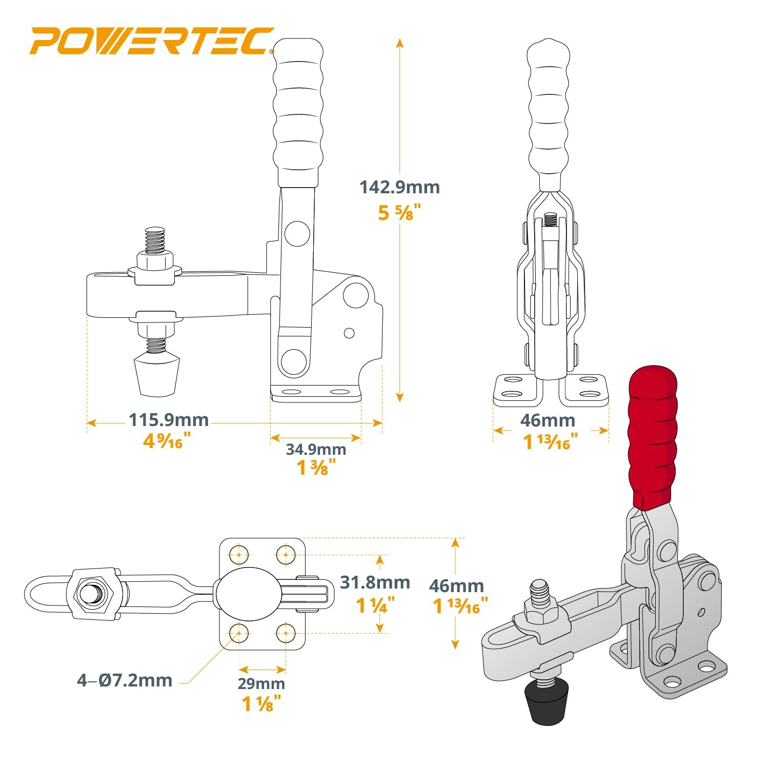 POWERTEC 1PK Toggle Clamp, 500 lbs Holding Capacity, 12130 12130, 1PK, Silver