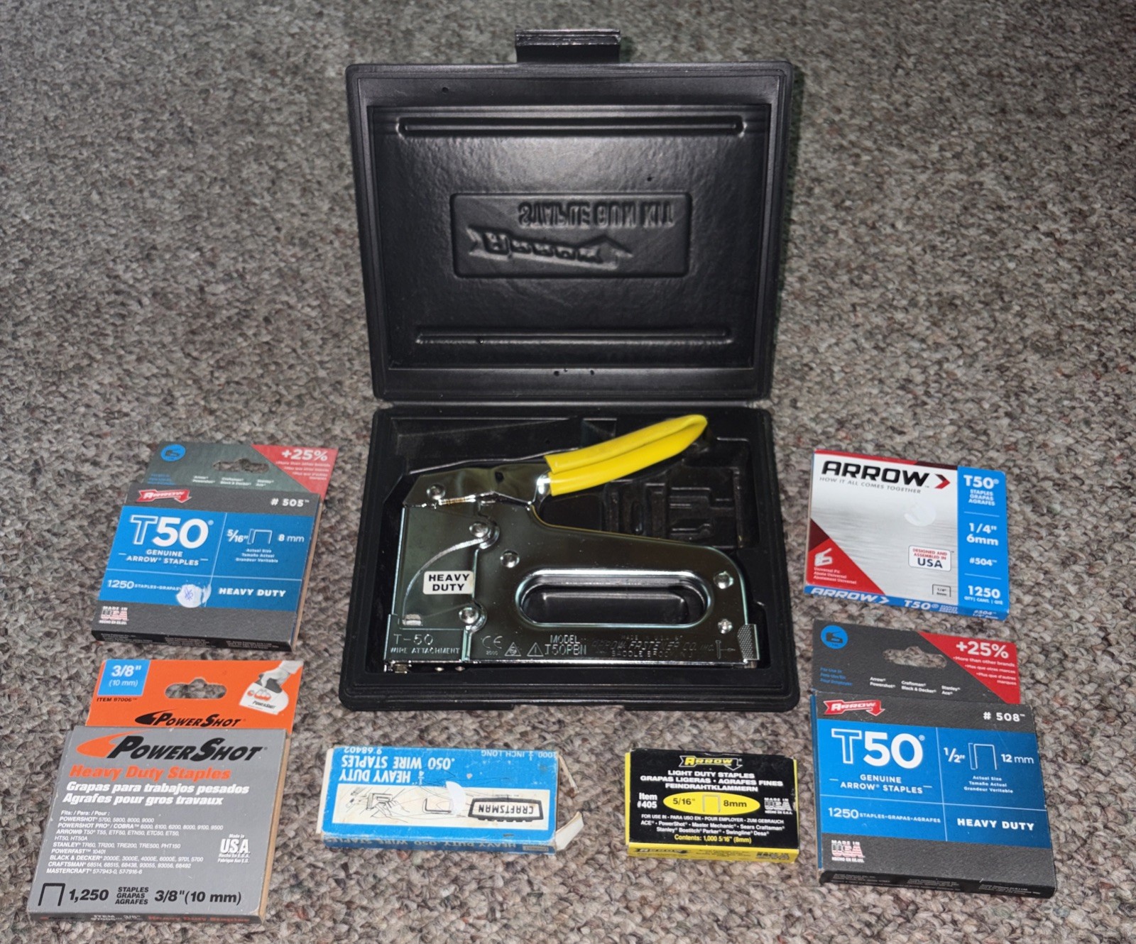 Heavy‑Duty T50‑Style Staple Gun Kit w/ Wire Attachment + Case + Staples
