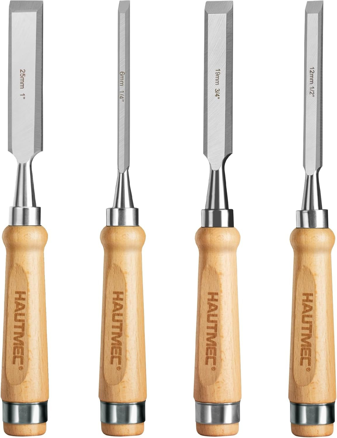 4-Piece Wood Chisel Set, 60CR-V Steel Blades, Beech Handles