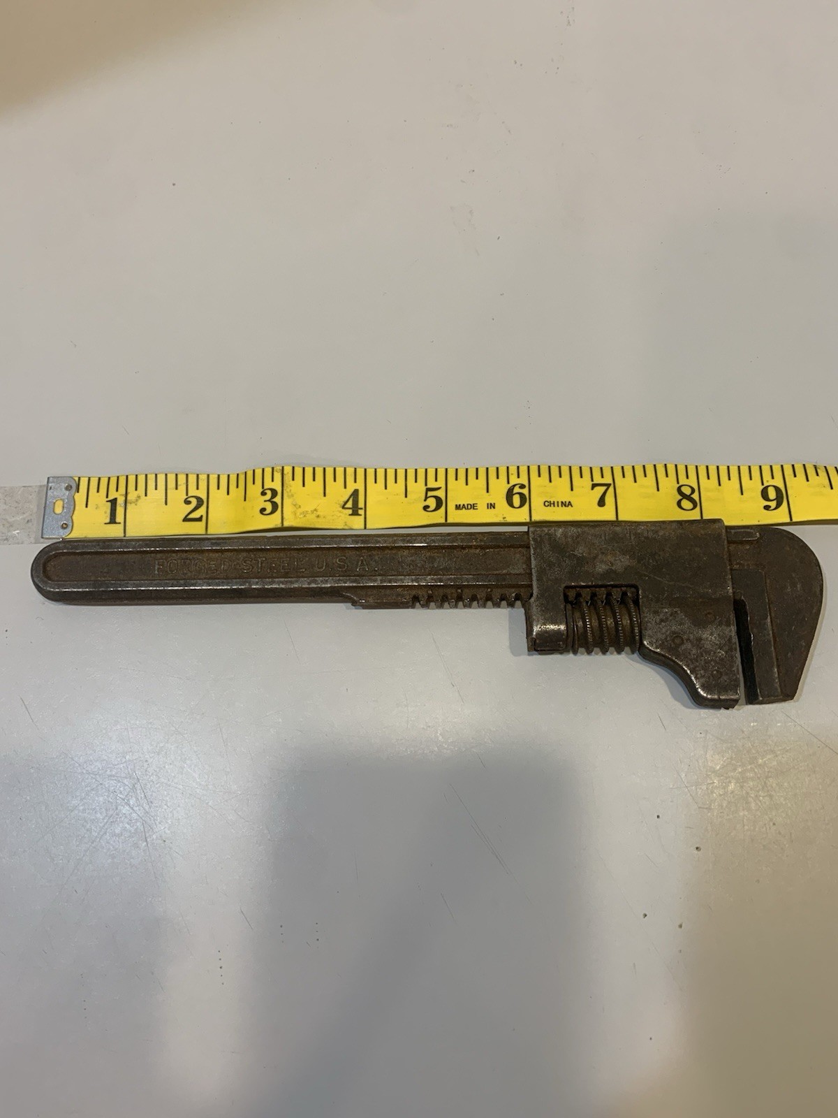 Vintage Forged Steel U.S.A. 9 Inch Monkey Wrench, length stamped Adjustable Head