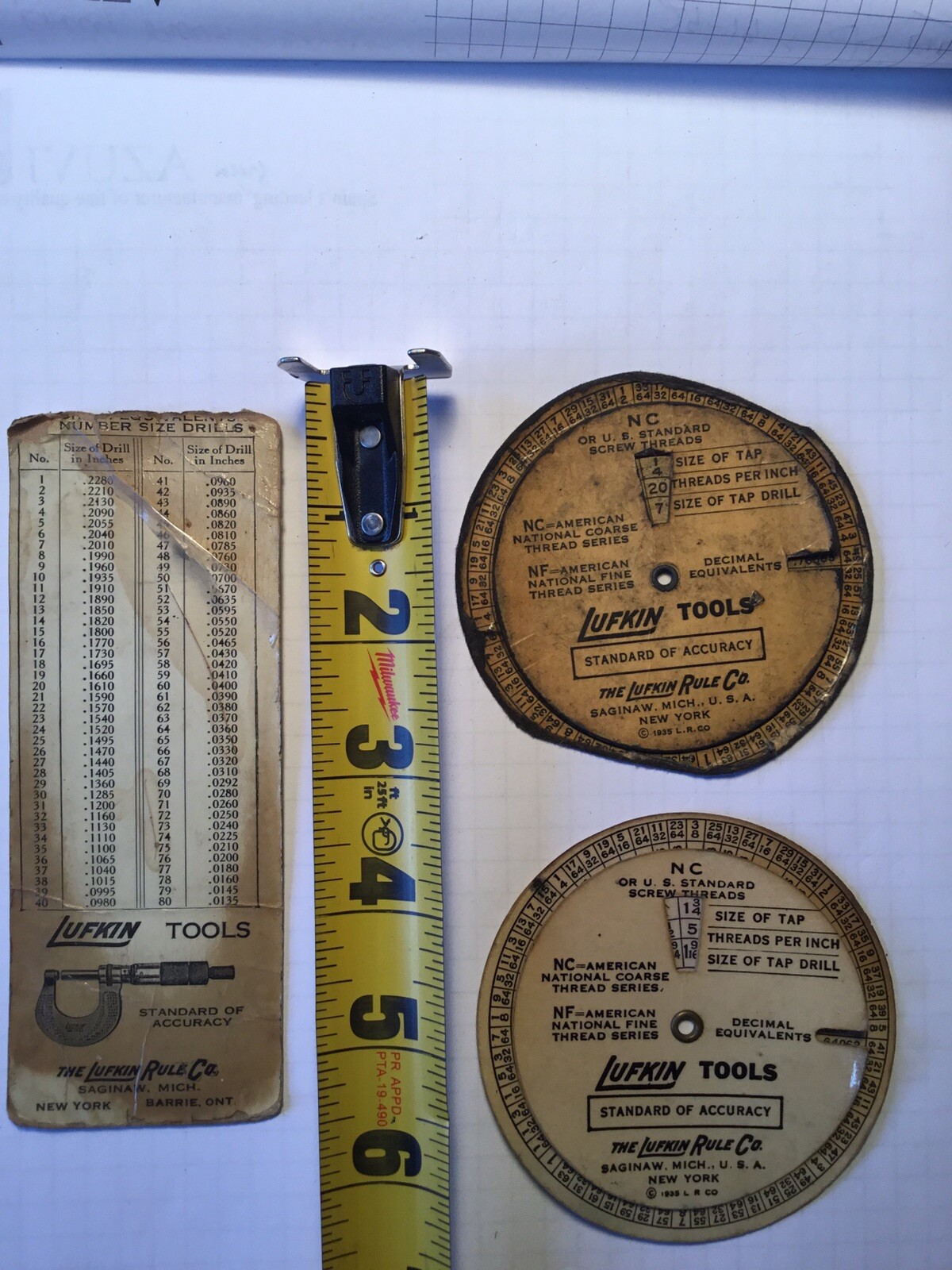3 VINTAGE LUFKIN RULE CO 1935 TOOLS TAP DRILL SCREW THREAD SIZE CHARTS GUIDES