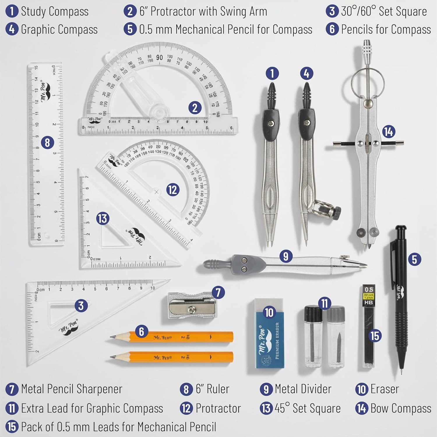 Mr. Pen 15 Piece Geometry Set, Compass Protractor Ruler Set Squares Divider