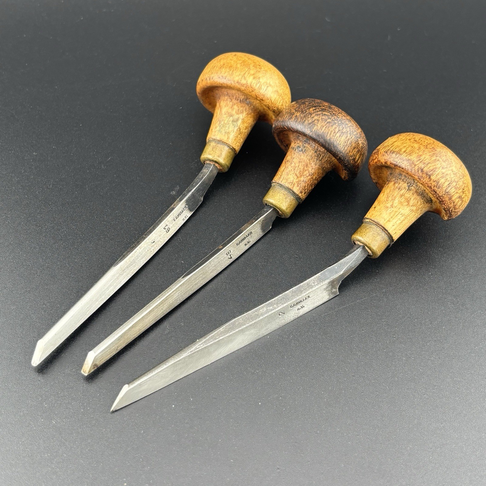 Antique E.C. Muller N.Y. Set of 3 Gravers, #2, 46, 61 Round Flat Knife Profiles