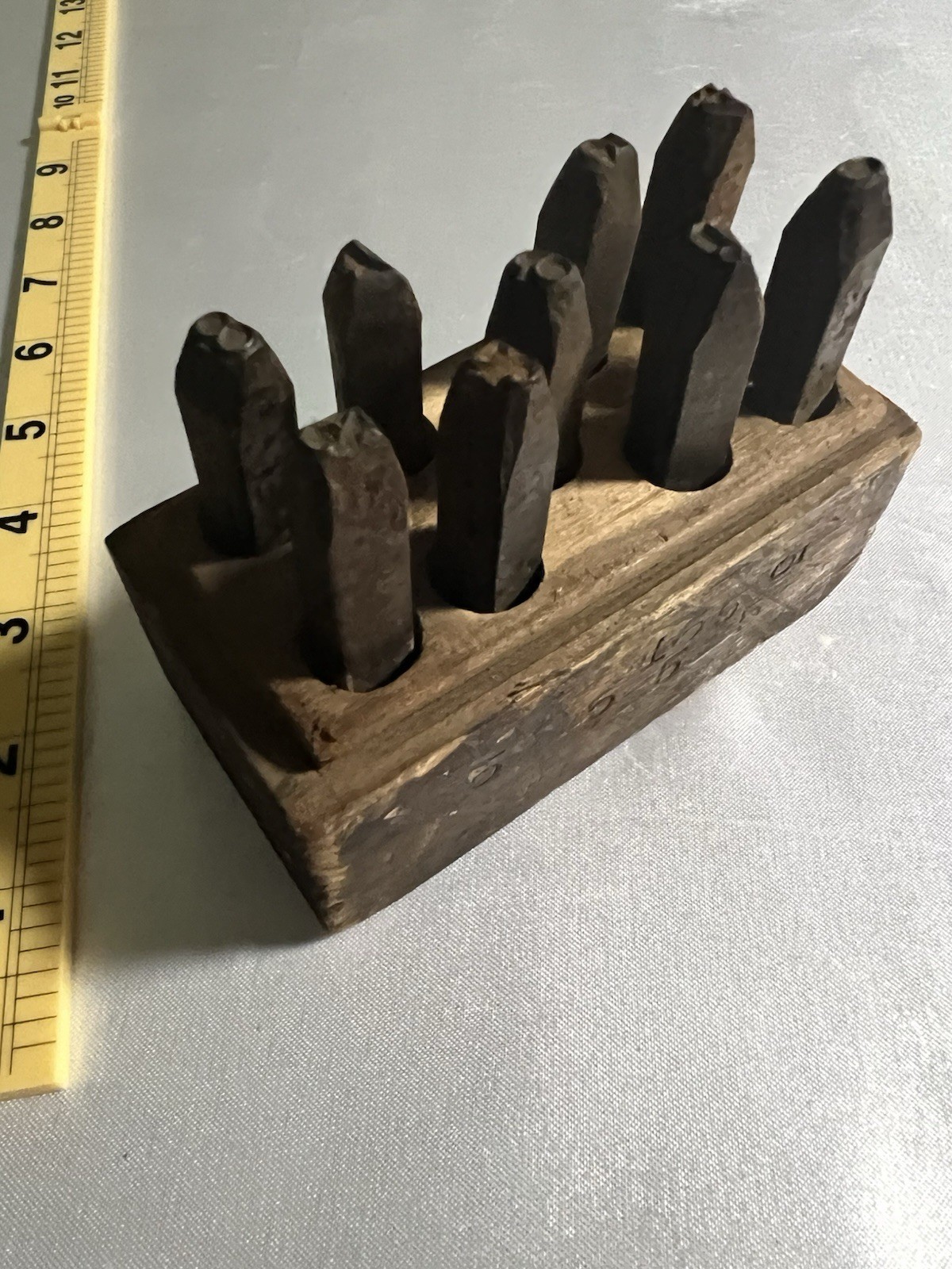 Antique Industrial Steel Number Stamp Punches 9 Piece Set In Wooden Holder