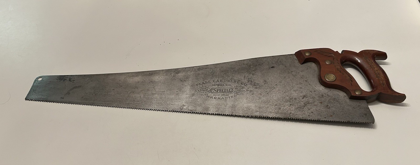 Vtg 1887 Pease Hardware Co. Special 26 Inch Crosscut Saw Superior Wisc Etching