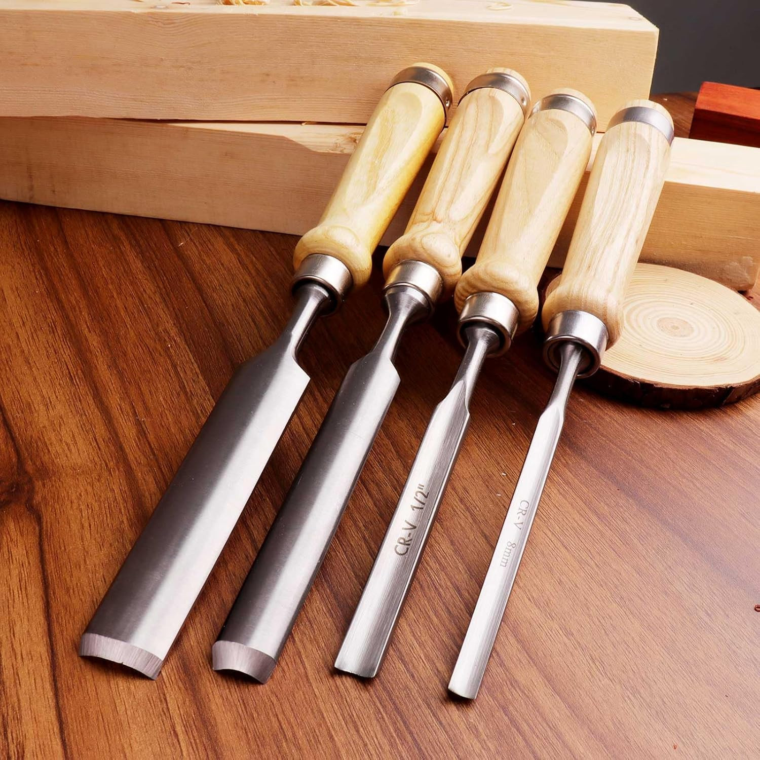 4-Piece Wood Chisel Set, 8Mm 12Mm 18Mm 25Mm | CR-V Steel Curved Outer Edge Gouge