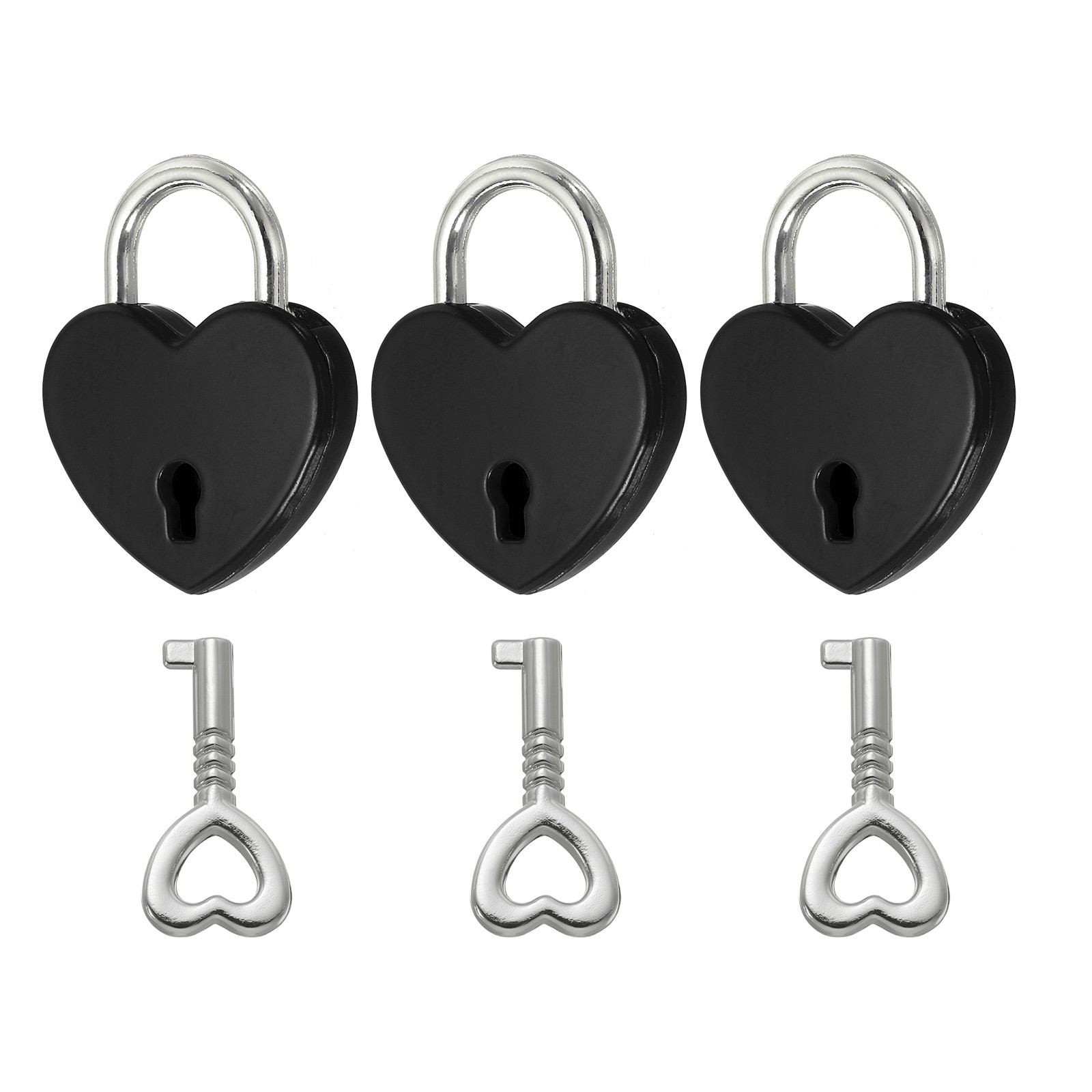 Mini Heart Lock with Key, (1×1.2 Inch, Black) (3 Pcs), Heart Shaped Padlock