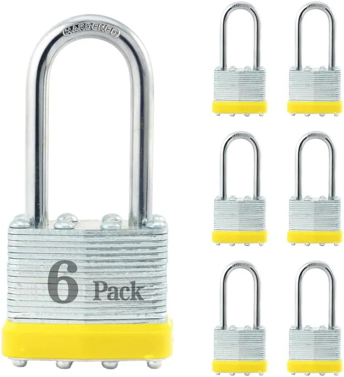 6 Pack Keyed Alike Laminated Padlocks 1.6 Inch Wide Long Shackle Heavy Duty Lock