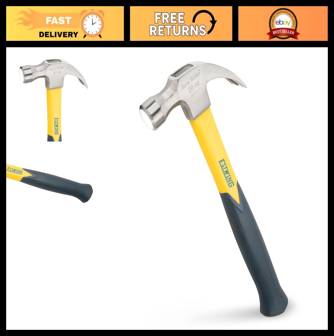 20 oz Curved Claw Hammer – Smooth Face, Fiberglass Handle, Heavy Duty Tool