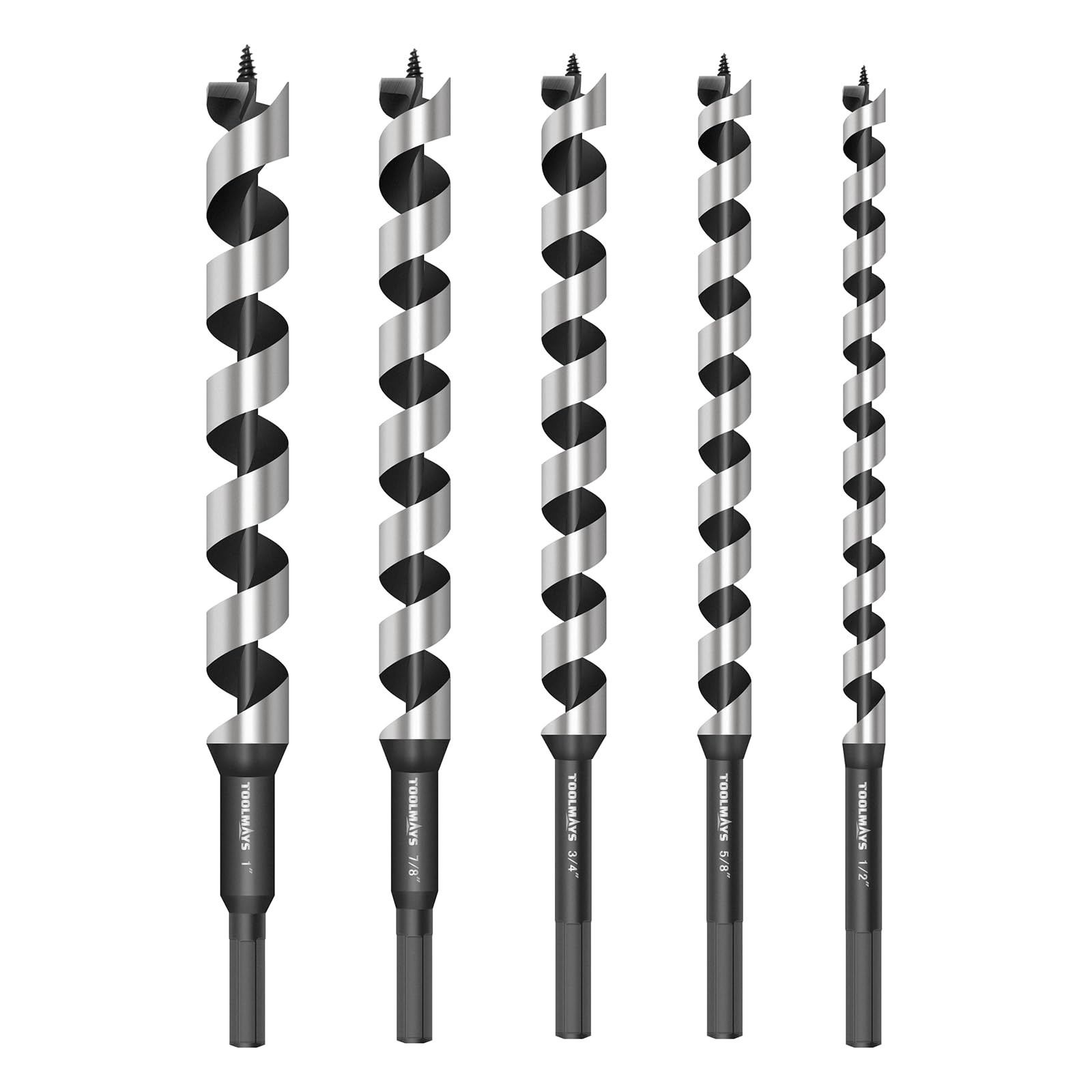 5-Piece Wood Auger Drill Bit Set, 12″ Long Hex Shank, Sizes 1/2″ to 1