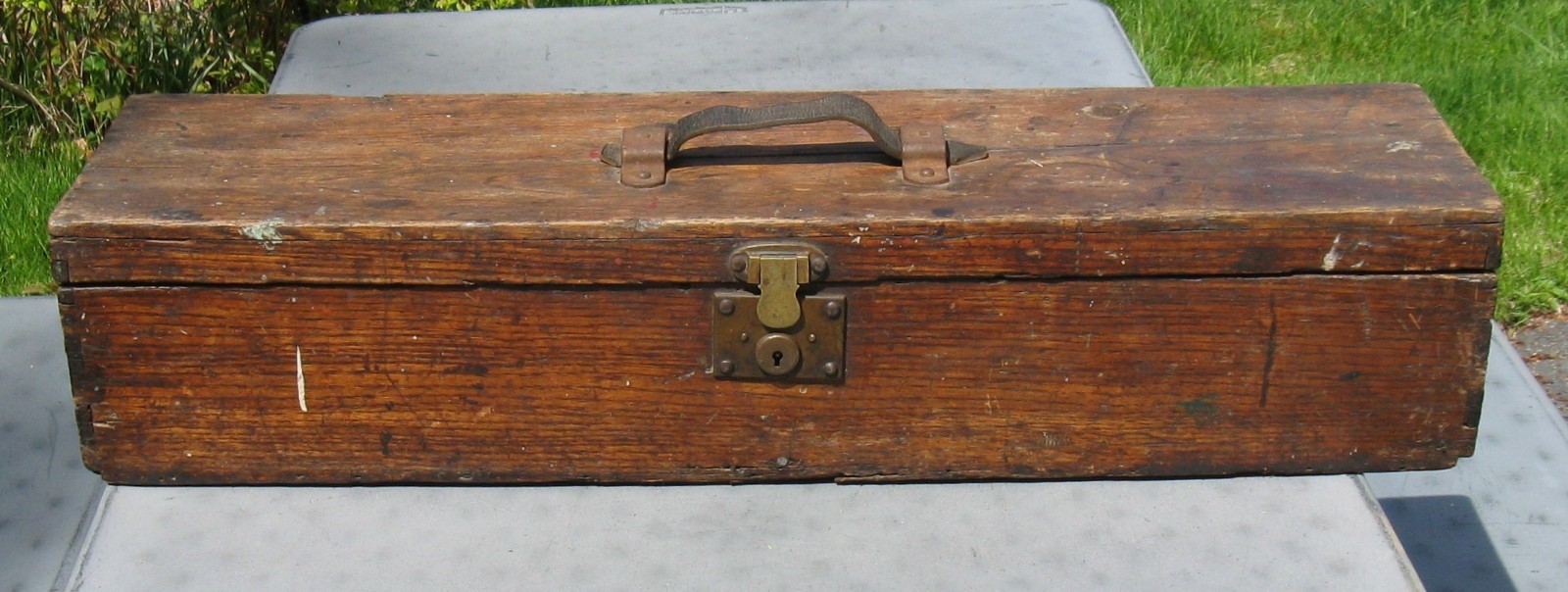 Antique Carpenters Box Wood Toolbox Brass Latch Leather Handle 32″ L