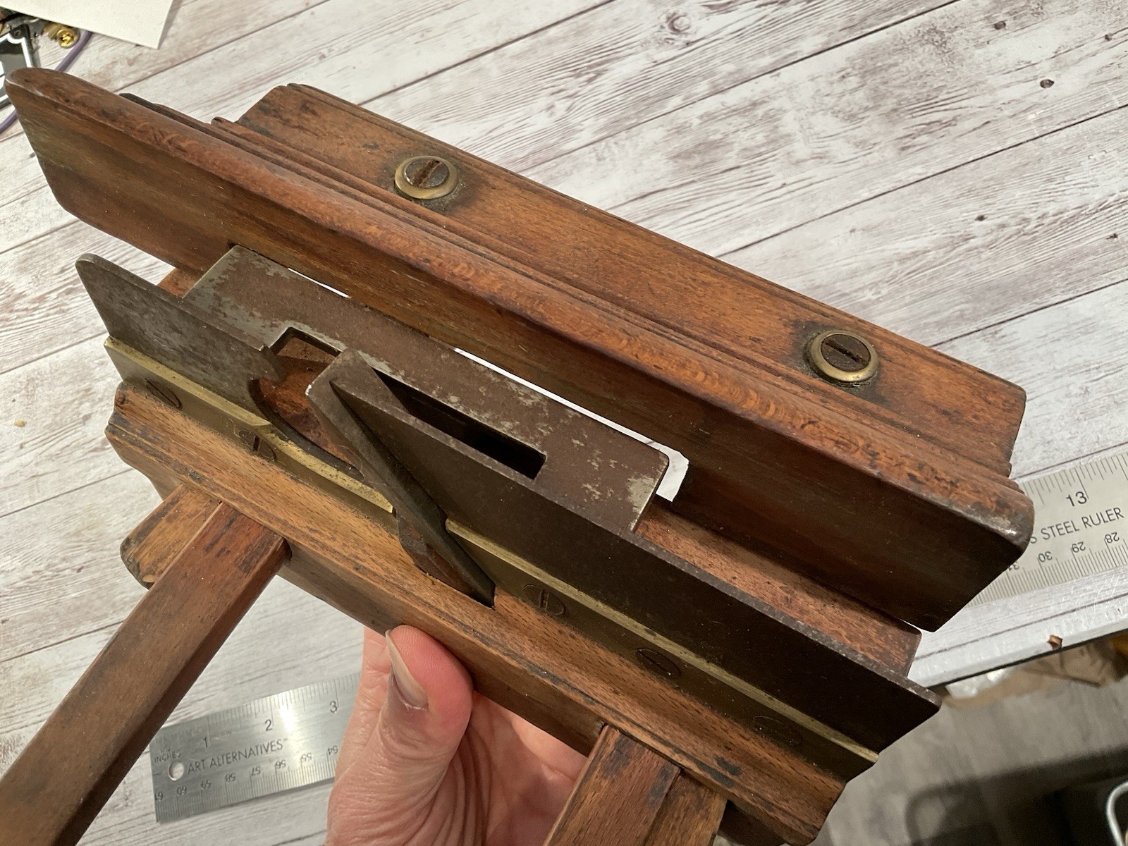 ORIGINAL BIG ANTIQUE WOOD BRASS PLOUGH PLANE – STAMPED NAMES