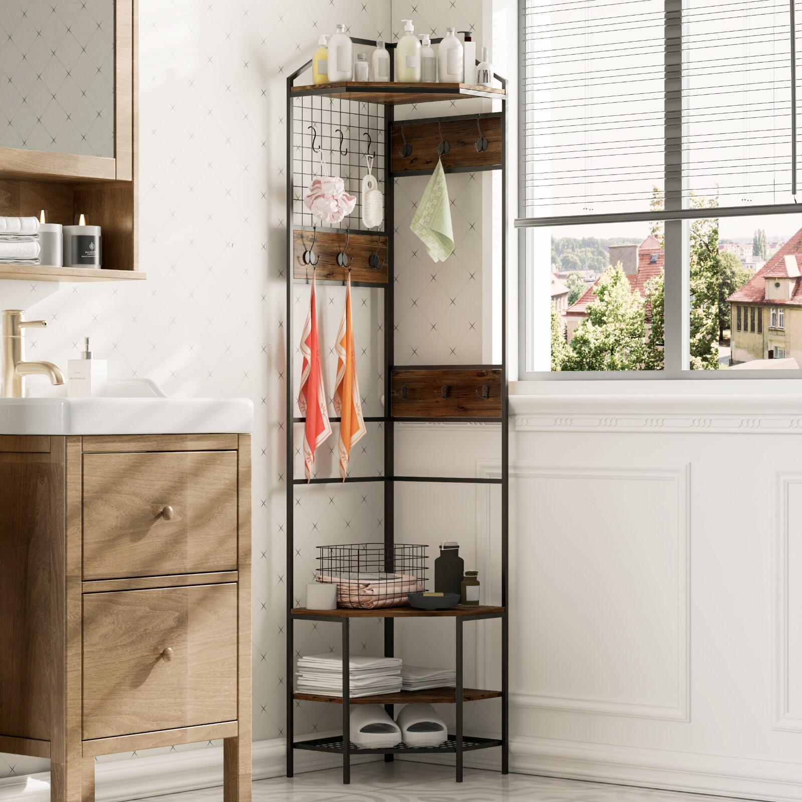 72.4″ Corner Tall Clothing Rack Coat Racks Shoes Shelf Stuffs Storage w/Hooks