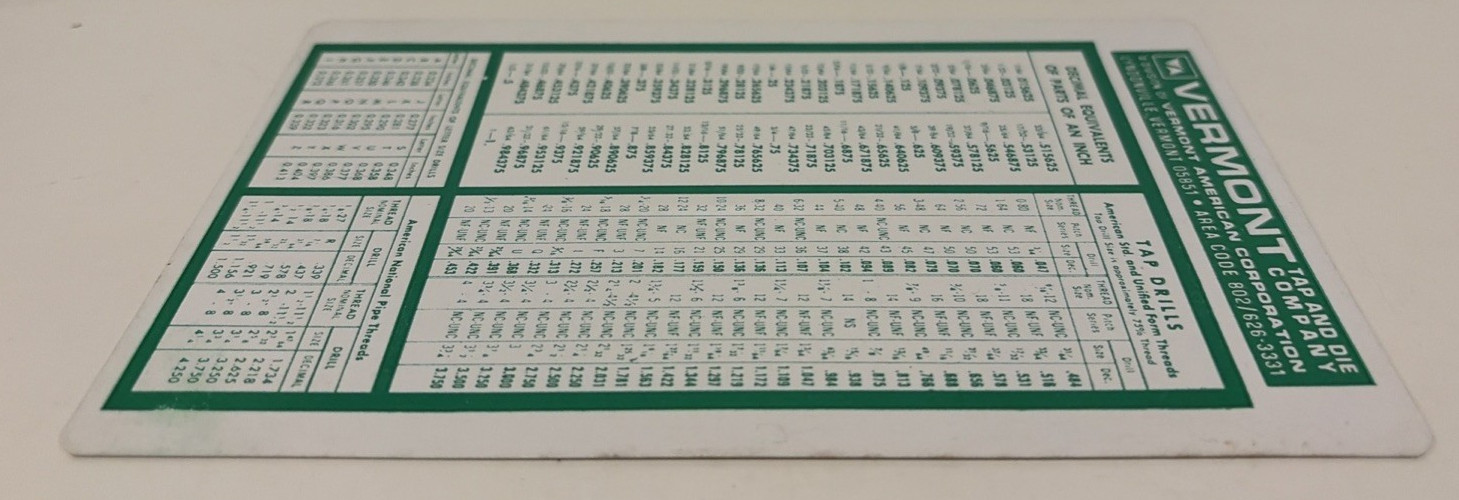 Vtg Vermont Tool & Tie Decimal Equivalents & Tap Drill Sizes Pocket Card Chart