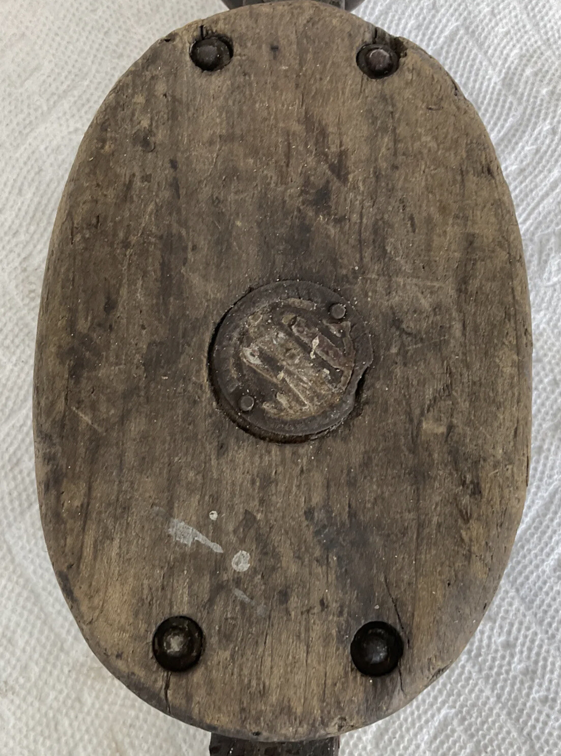 Vintage U-W Antique Farm Equipment Wooden Block Tackle Pully Hook /Great Display
