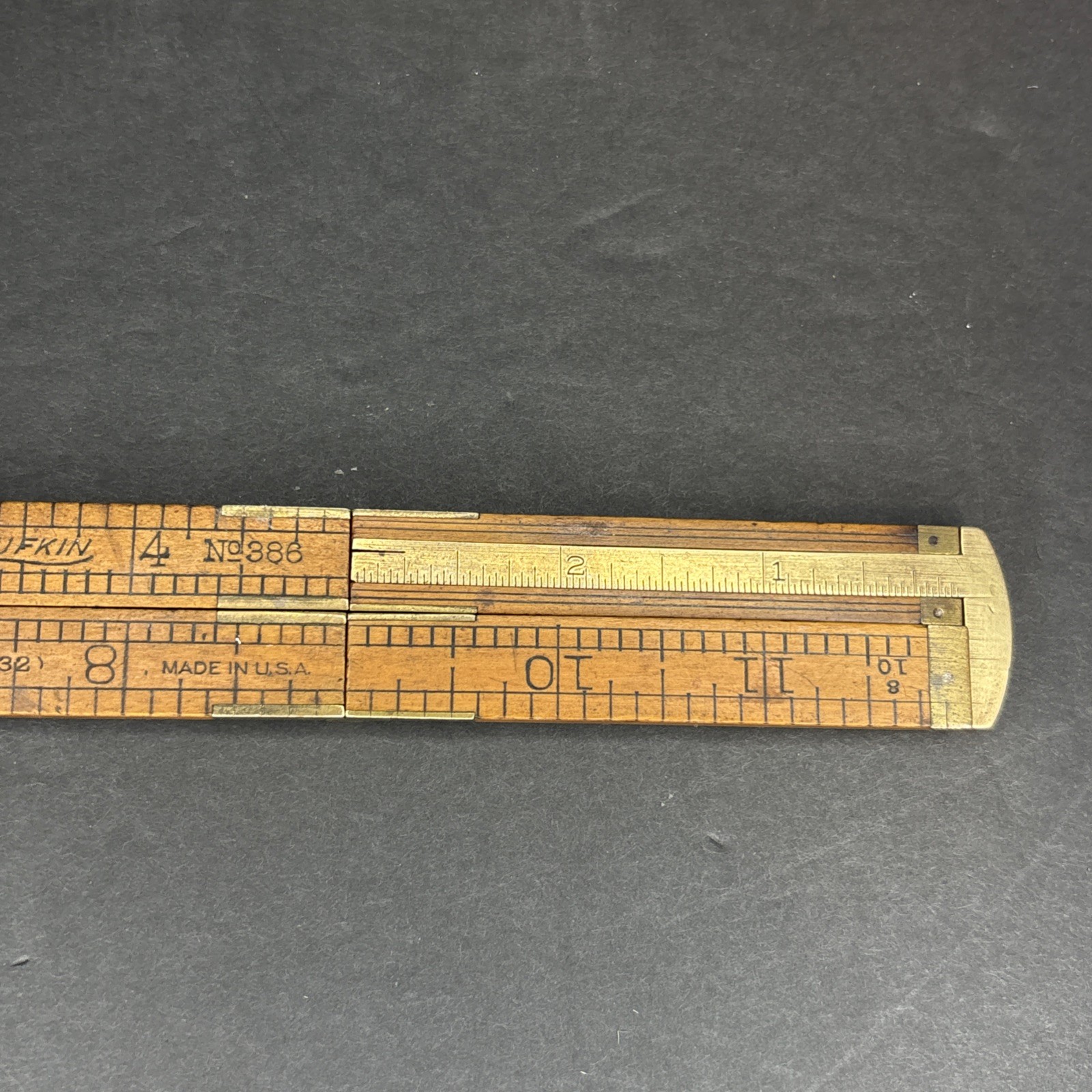 Antique Vtg Lufkin No. 386 Wood Brass Folding Carpenters Ruler 12” Caliper USA