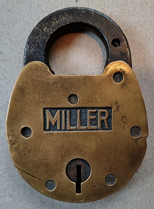 Large Antique Brass Lock, Padlock , No Key, MILLER Lock Co, 3 1/2 x 2 1/2″