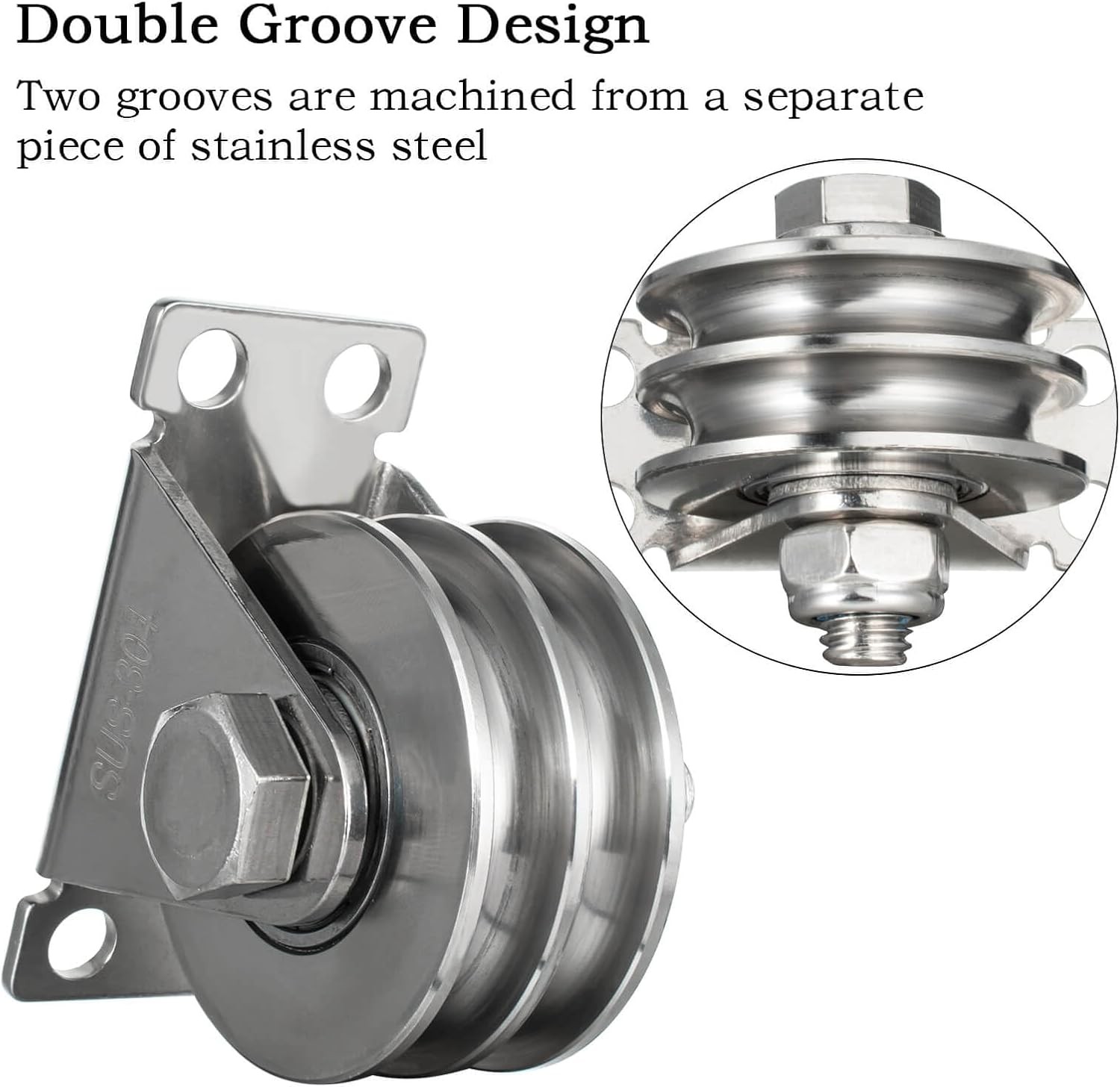 Double Groove Cable Fixed Pulley Block, Heavy Duty Stainless Steel, Bearing Insi
