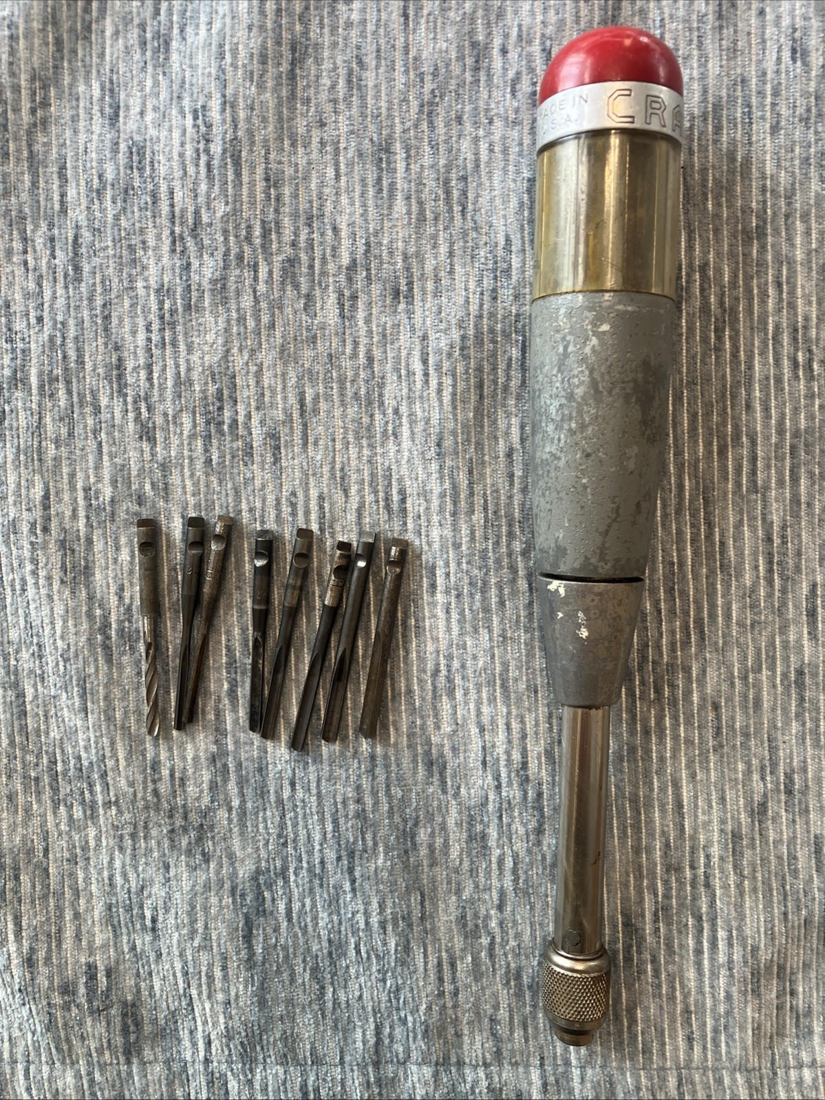 Vintage Craftsman Hand Push Drill, Circle F with 7 bits;