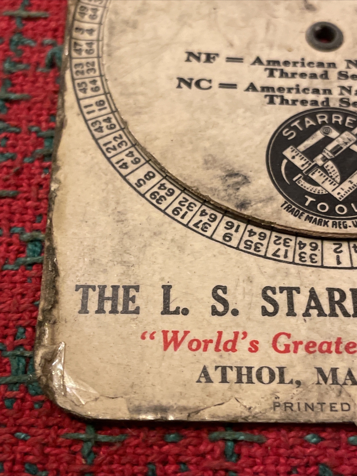 Vintage L. S. STARRETT Screw Threads & Tap Drill Sizes Dial Chart USA 🇺🇸