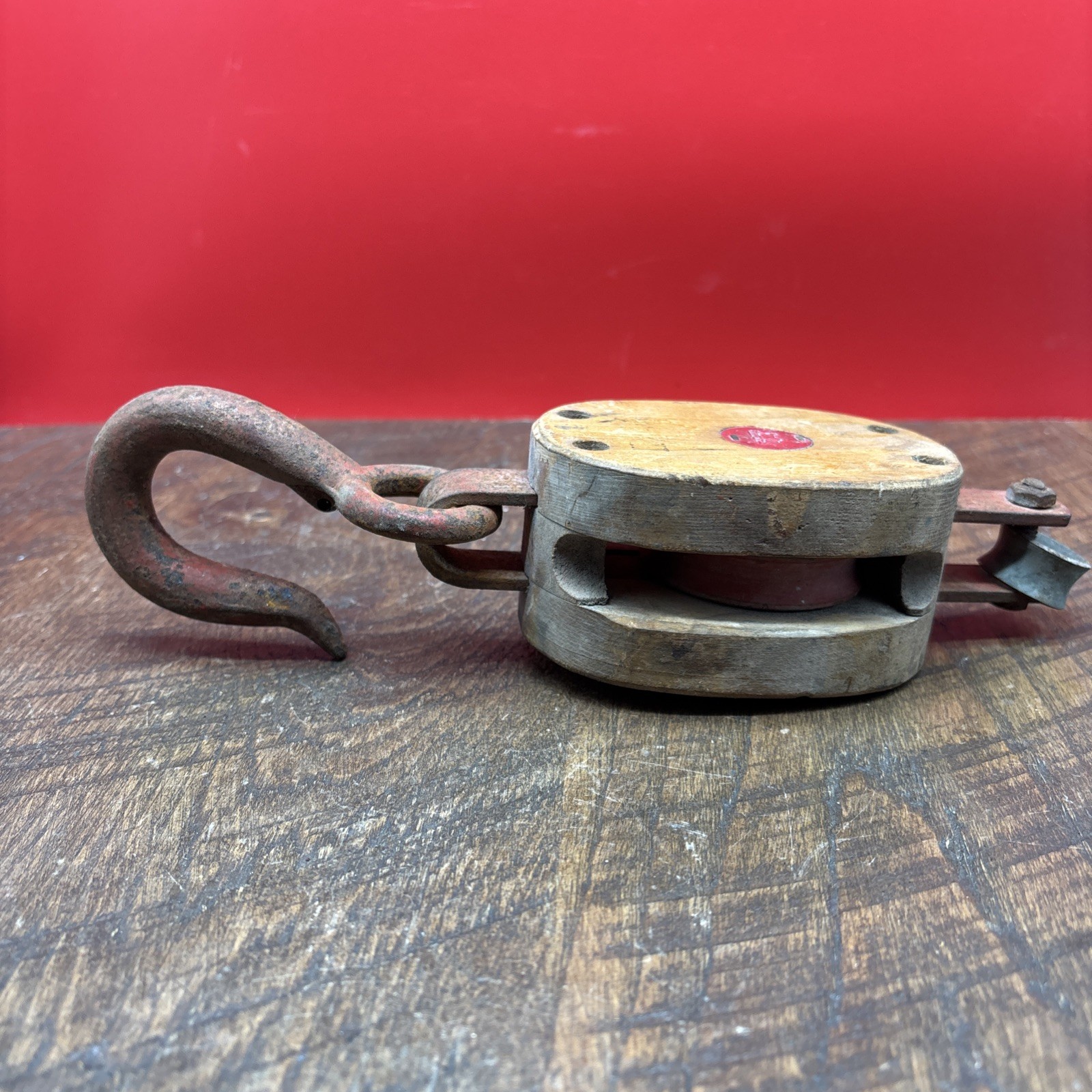 Vintage.10” ANVIL Logo Wood Single Wheel Pulley Wooden Block and Tackle