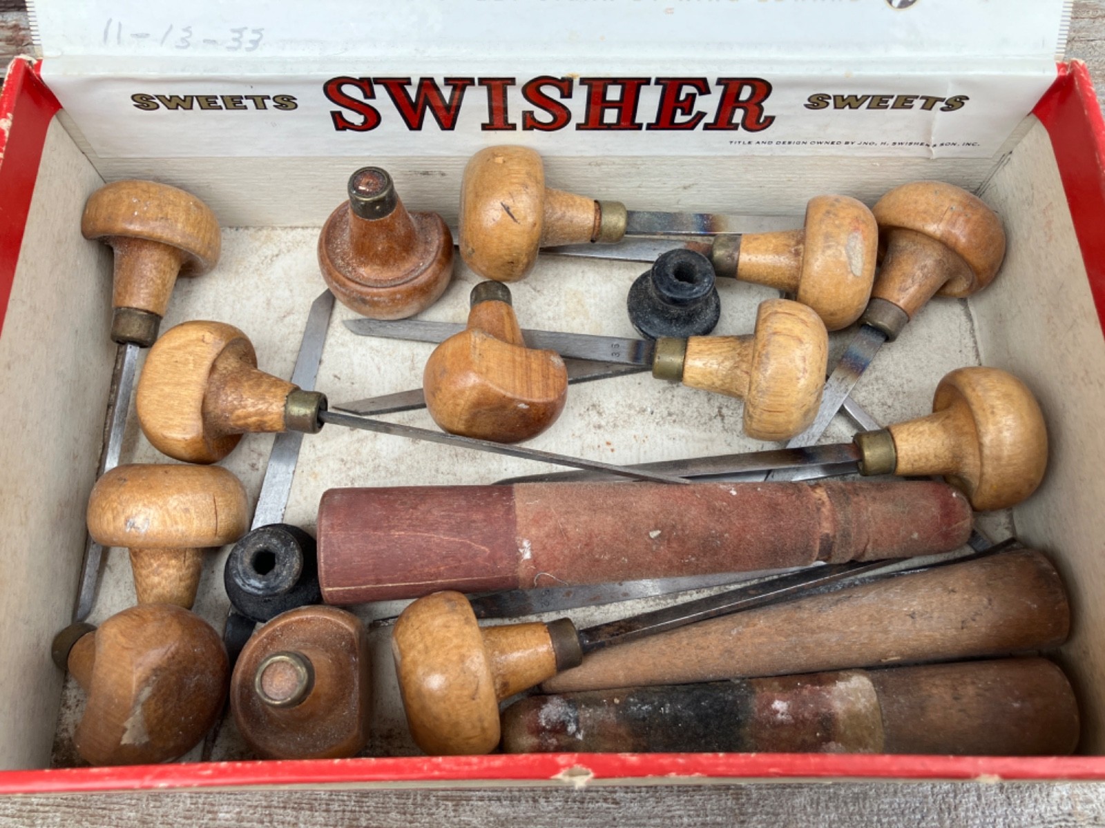 VTG BOX OF WOOD HAND CARVING ENGRAVING TOOLS CHISELS JEWELERS CLAMPS ESSLINGER
