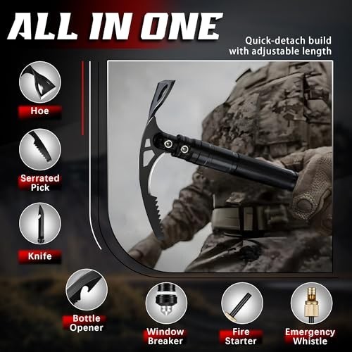 8-in-1 Folding Pick Axe Mattock, Multi-Purpose Garden Hoe & Survival Knife, Stai