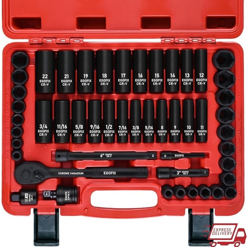 50PCS 3/8 Drive Impact Socket Set SAE Metric Ratchet Cr-V Steel Storage Box New