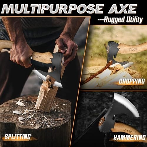 Camping Hatchet Axe 16.5 Inch High Carbon Steel Beech Wood Handle Leather