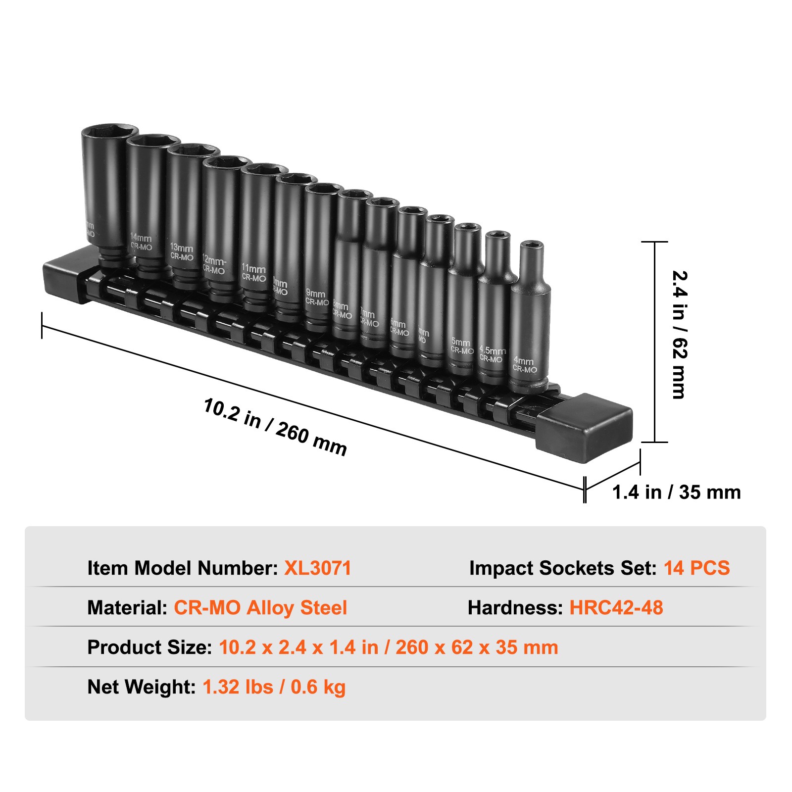 Impact Sockets Set 14pcs 6-Point 1/4″ Drive Bit Ratchet Tool Kit Case