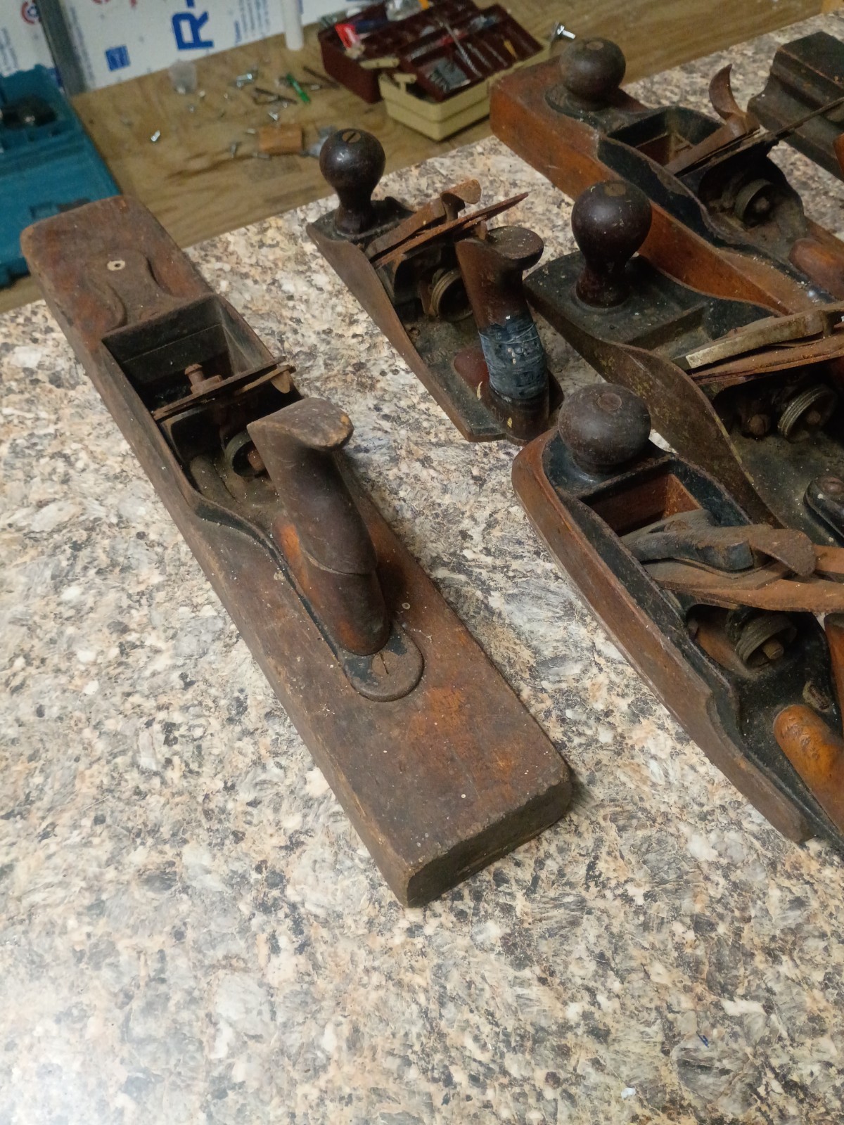 Collection of antique Stanley, Bailey, and JOH. WEISS & SOHN WIEN hand planers
