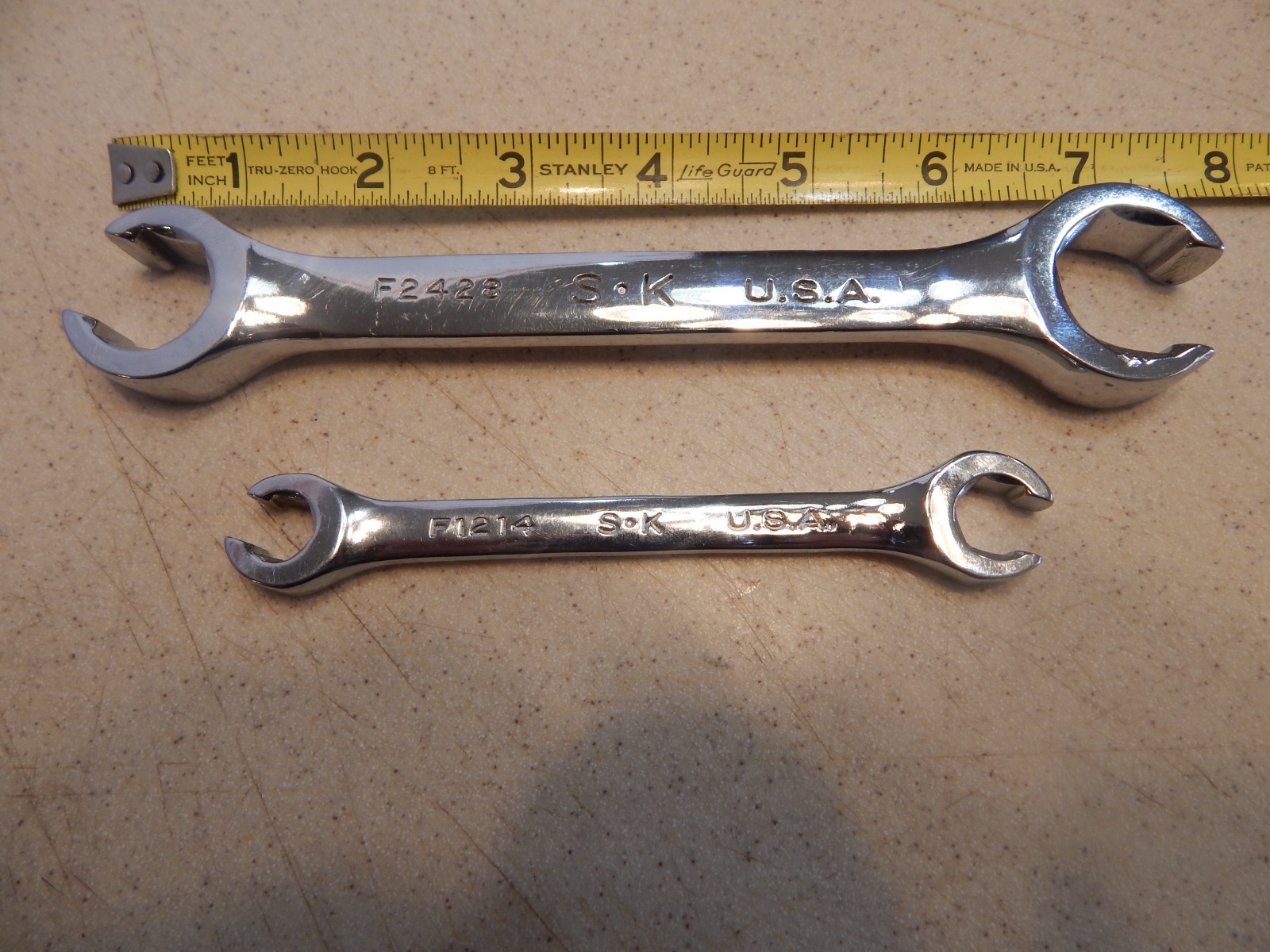 2 S-K CHROME FLARE NUT LINE WRENCHS – F2428 3/4 X 7/8 & F1214 3/8 X 7/16 – USA