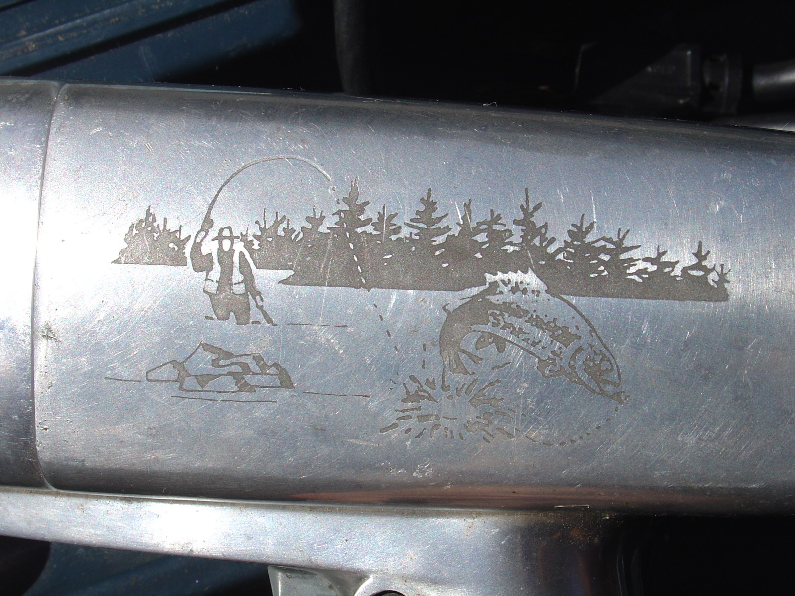 Vtg Montgomery Ward Powr-Kraft Drill Tool Etched Duck Hunting Scene Fly Fishing