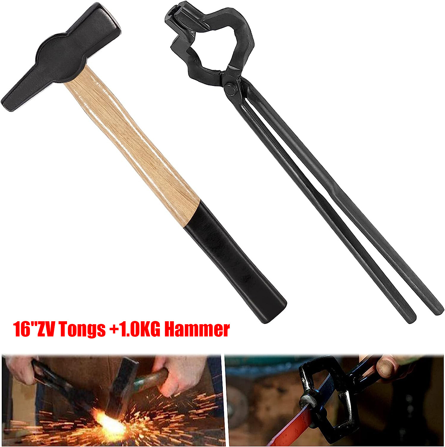 16″ Z V-Bit Style Tongs and Blacksmiths’ Hammer Set For Knifemaking Bladesmith