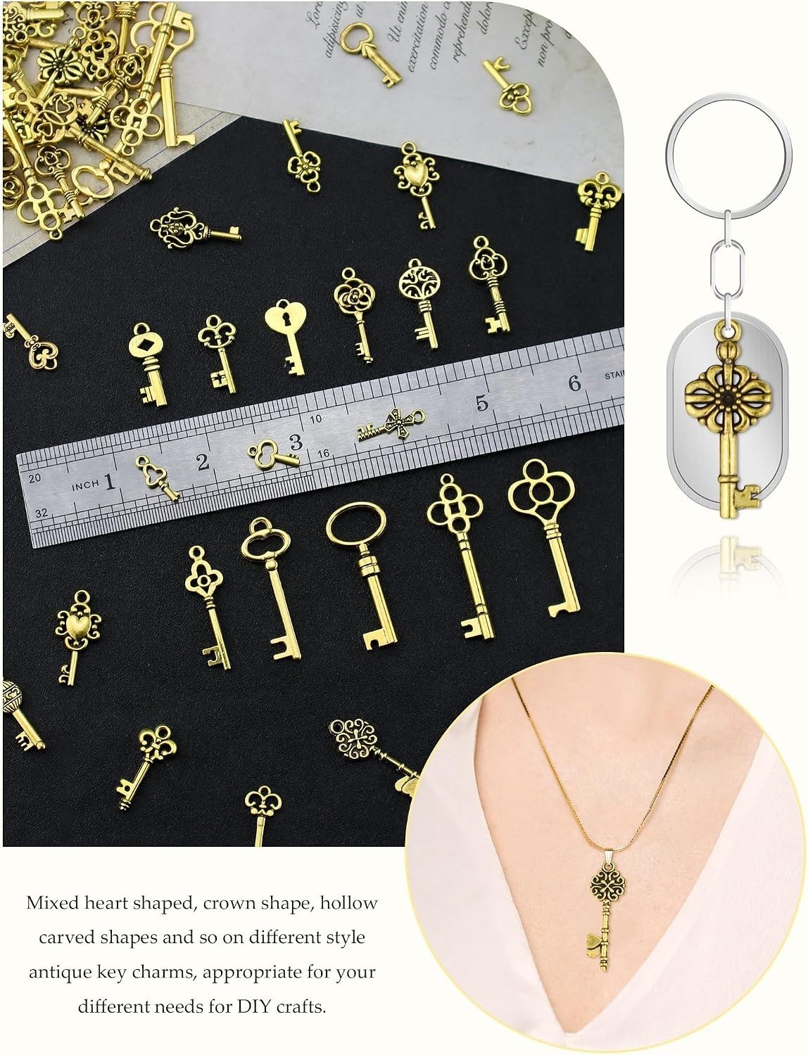 80 PCS Vintage Skeleton Key Set Charms, Mixed Style Antique Gold Key Set Pend…