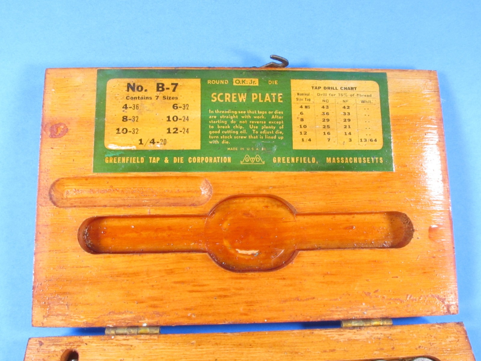 complete GTD OK Jr No B-7 Greenfield Tap & Die set in original fitted wood box