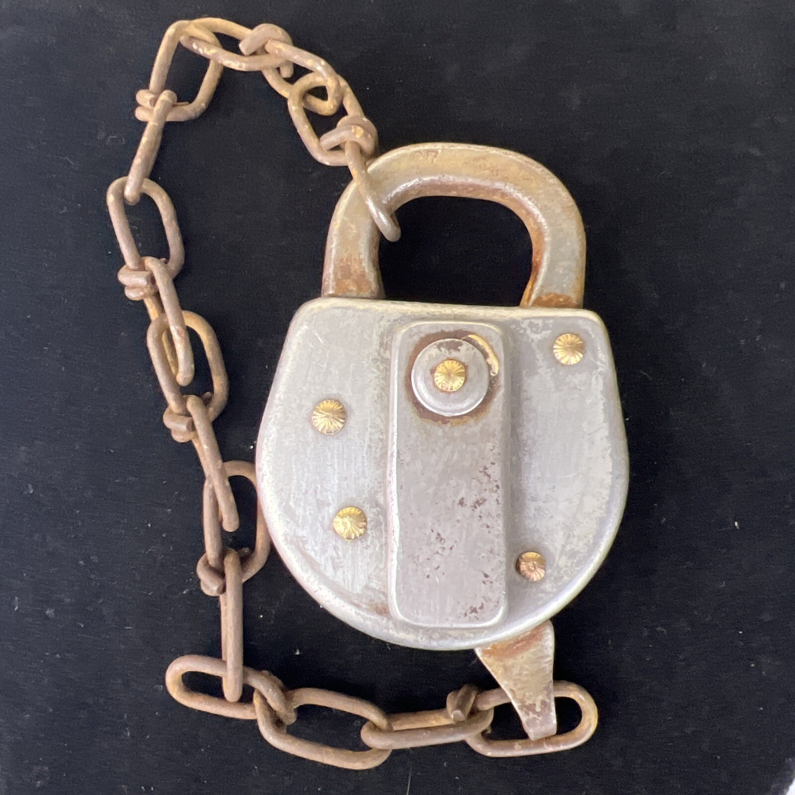 Antique Vintage Metal Railroad Lock with Chain No Key 3 7/8″ Industrial Patina