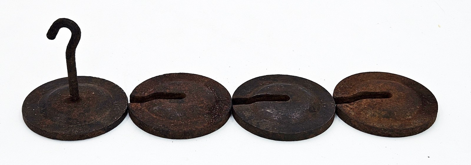 Antique Scale Weights Hook and Three 5 1/2 ounce Slotted Weights