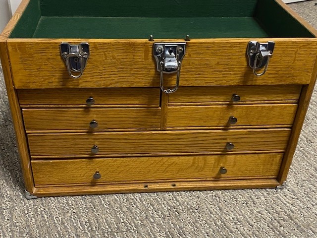 Vtg Grizzly Solid Red Oak 6 Drawer Felt Lined Machinist Tool Box 18″x 13″x 11″