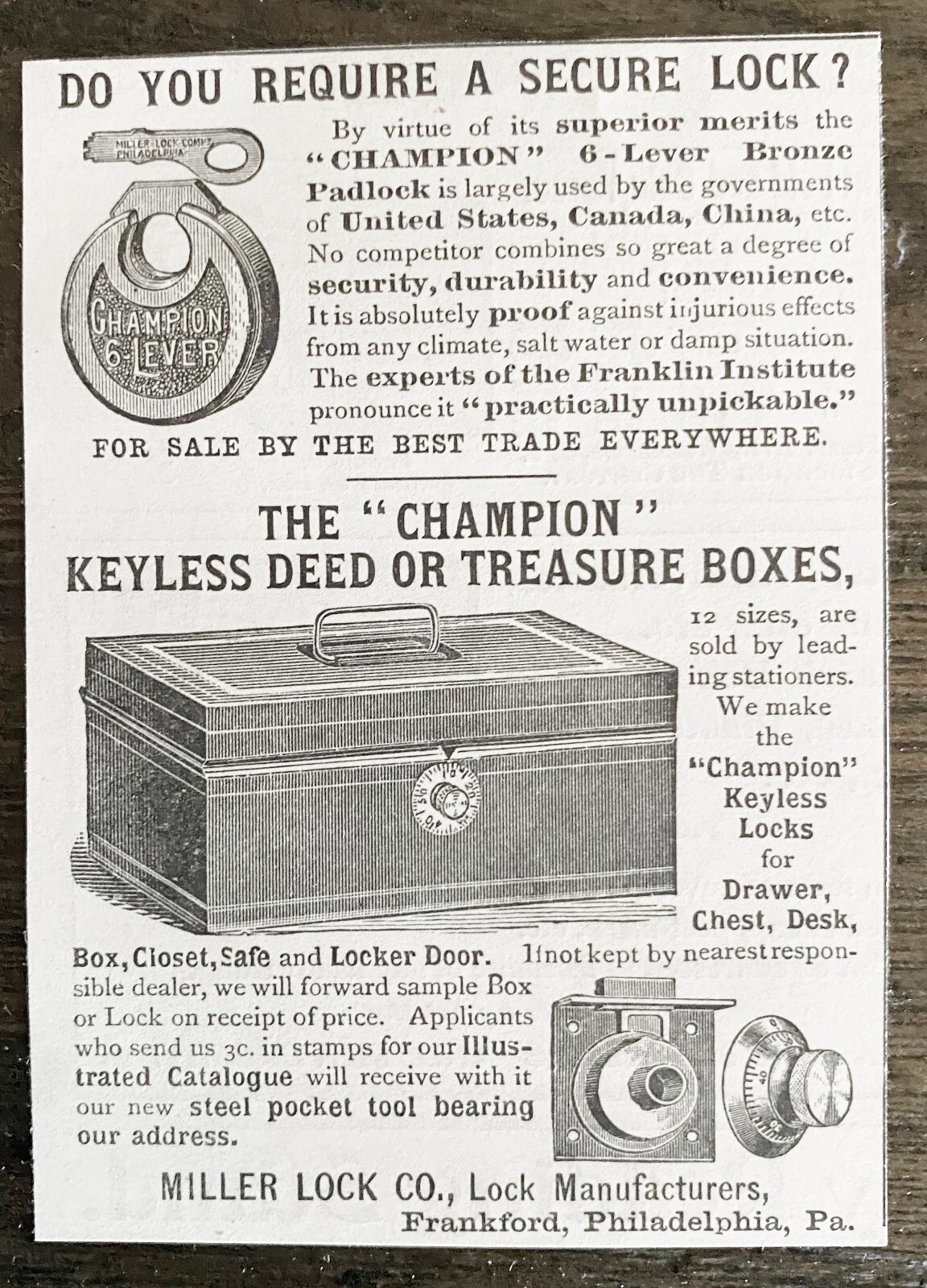 Miller Lock Co CHAMPION 6-Lever Padlock & Safe Box 1892 Print Ad~Philadelphia Pa