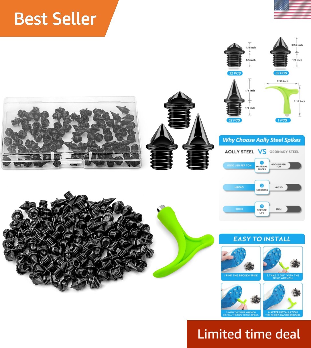 96PCS Alloy Steel Track Spikes, 32pcs 1/8in + 32pcs 3/16in + 32pcs 1/4in Trac…