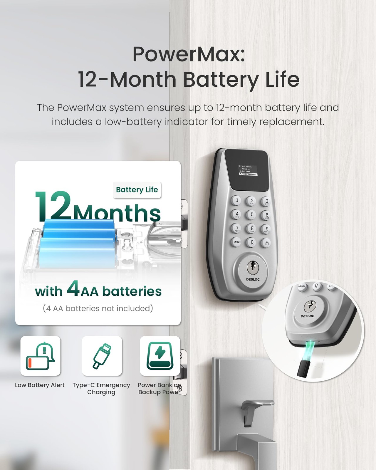 DESLOC C100 Keypad Door Lock Keyless Entry Smart Deadbolt Silver 100 Codes