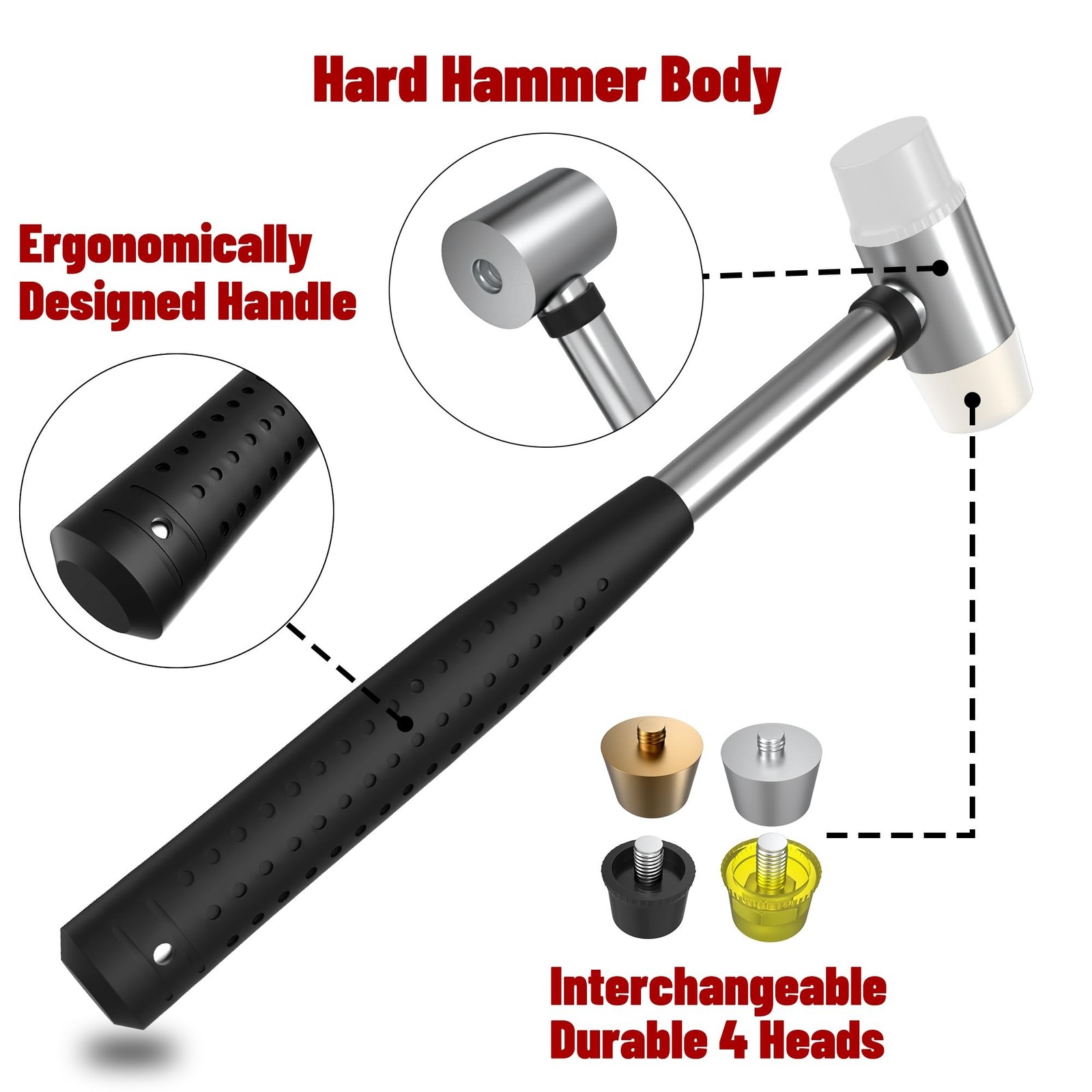 Small Brass Hammer with 4 Interchangeable 1-Inch Heads: Brass, Nylon, Aluminu…
