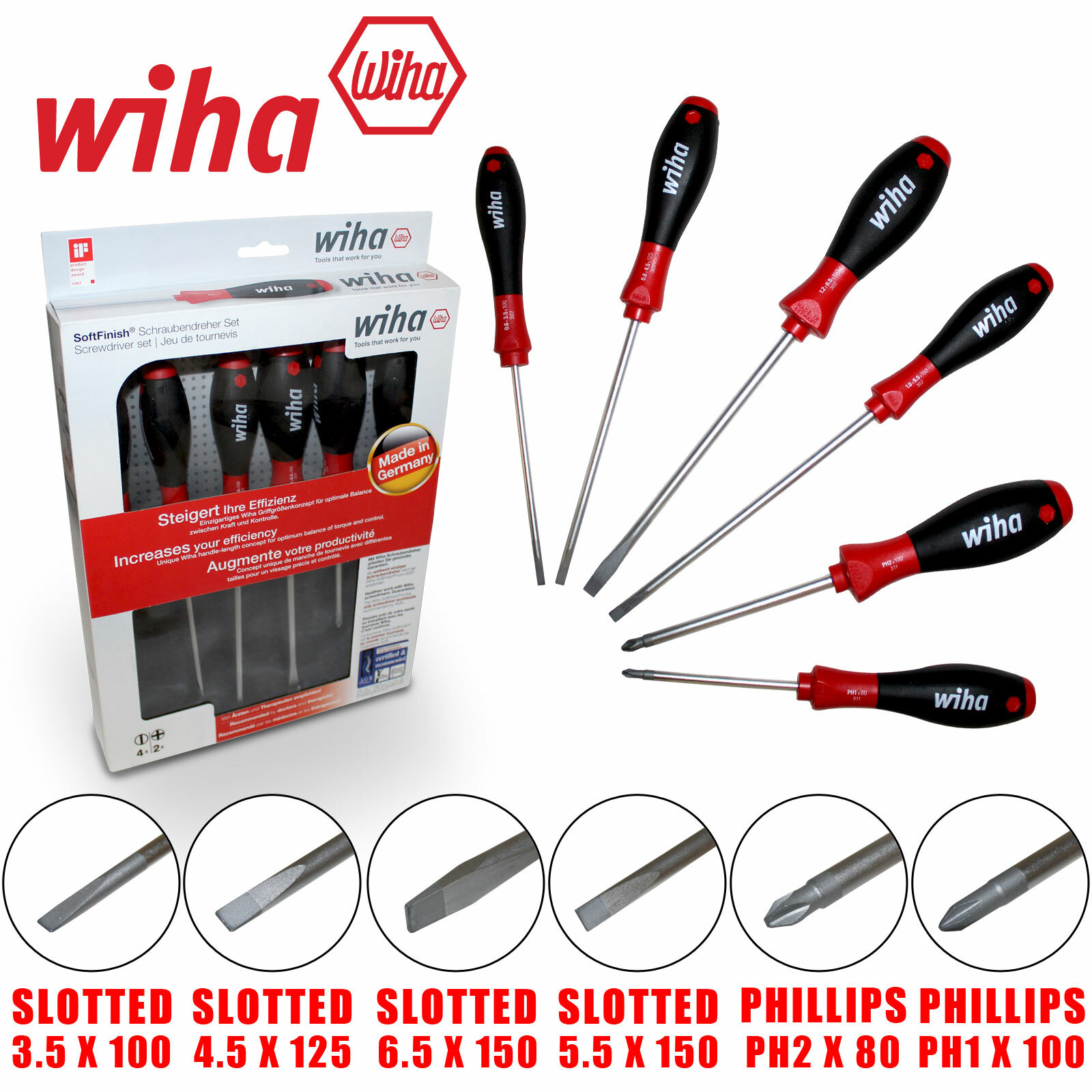 Wiha 07152 Slotted Phillips Screwdriver Set 6pcs PH1 PH2 3.5 to 5.5mm SoftFinish