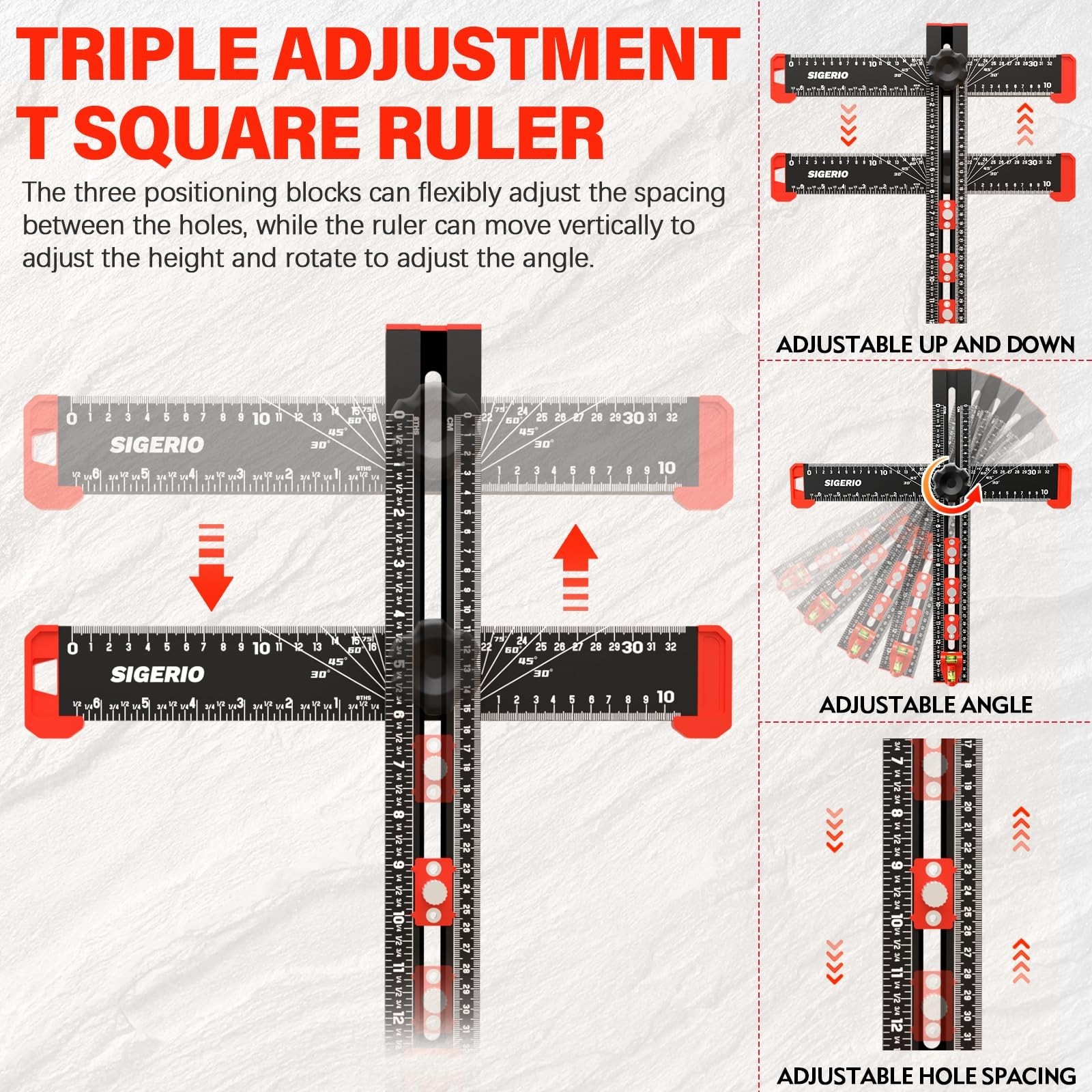 4 in 1 Drilling Positioning Ruler, Aluminum Alloy T Square Ruler 14in, Multif…