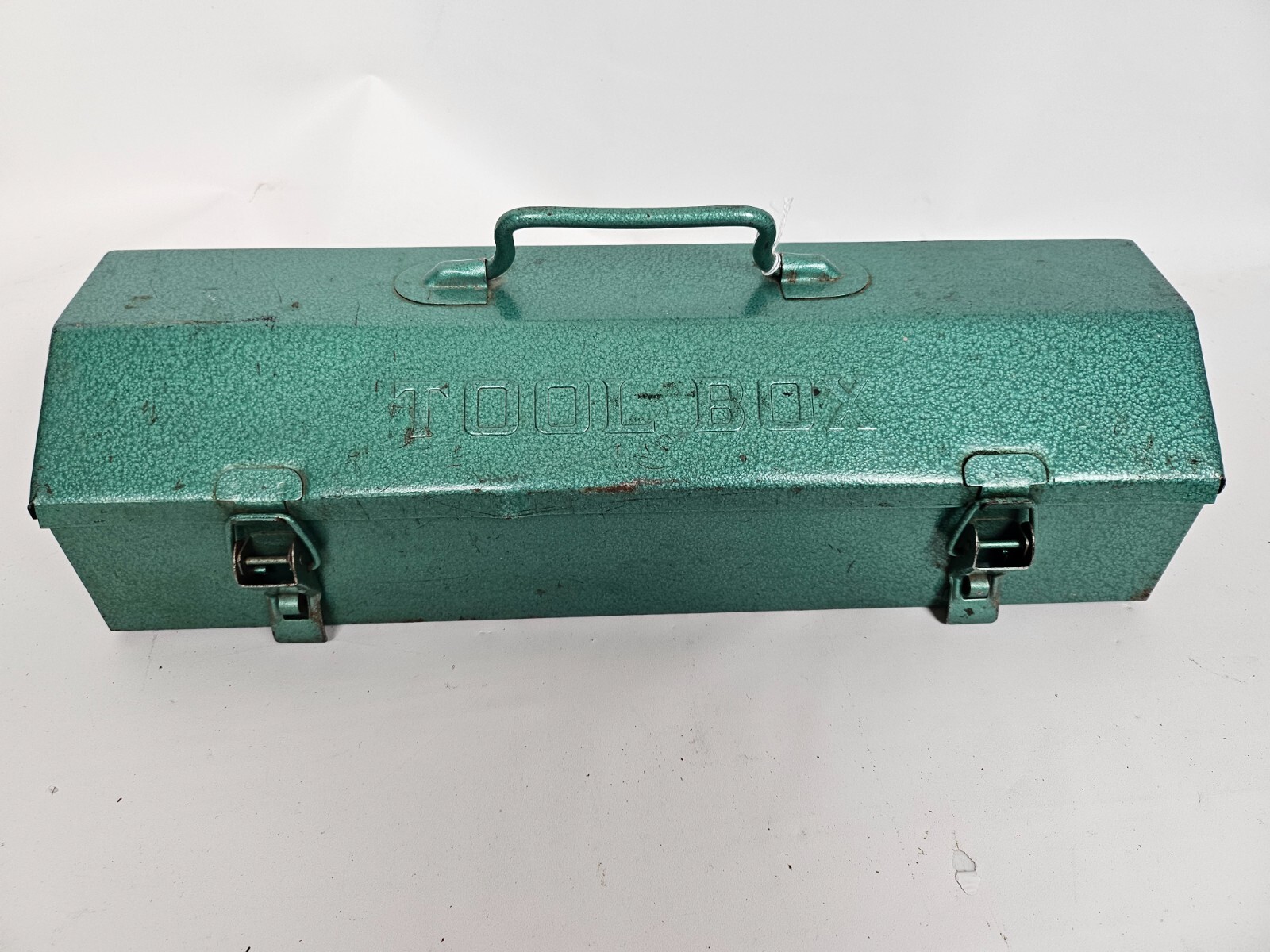 Vintage Tool Box – Green w/ TOOL BOX on lid 16″ long x 6″ deep x 4 1/4″ high