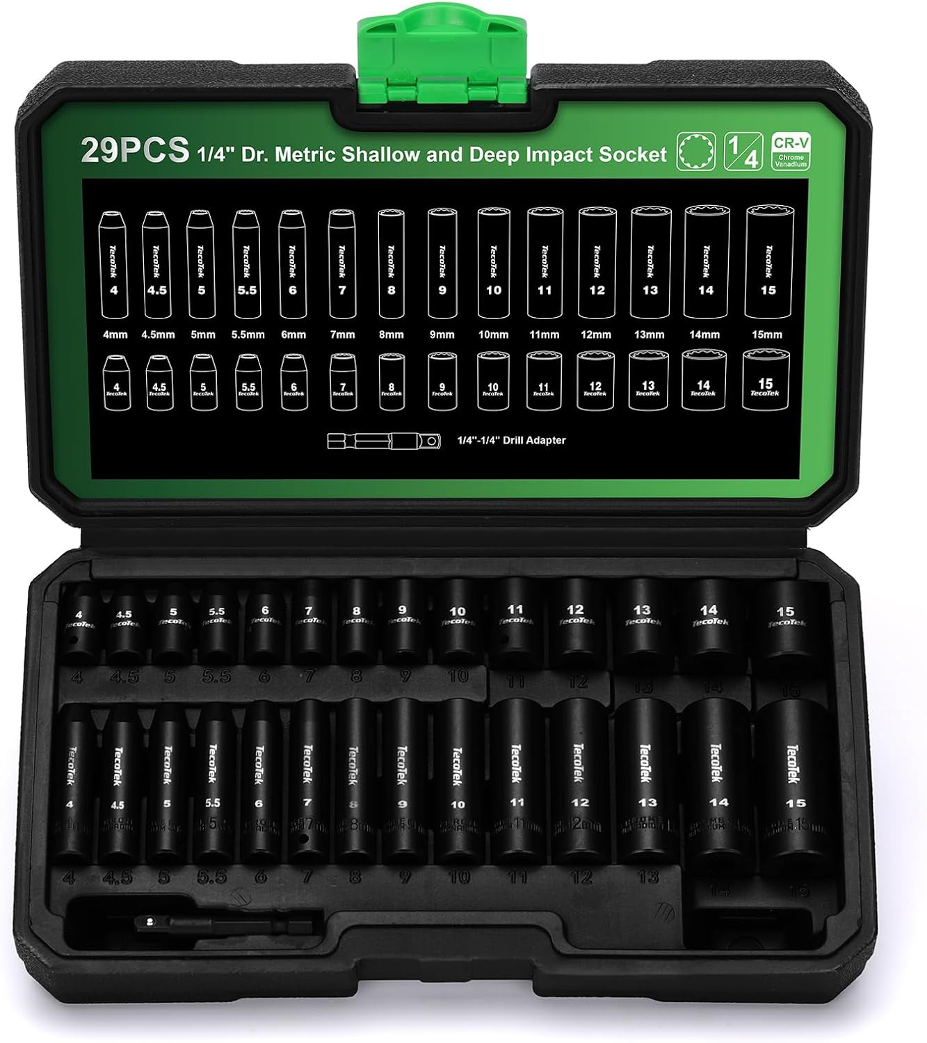29pc 1/4 Drive Metric Shallow Deep Impact Socket Set 4mm-15mm 12 Point CR-V Tool