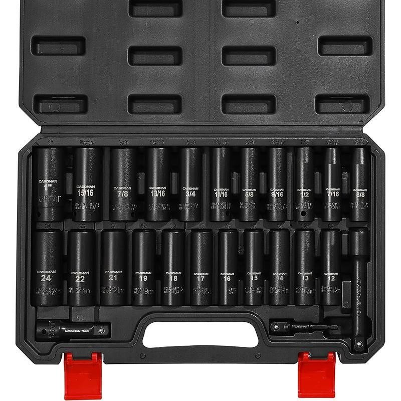 25PCS 1/2 Drive Impact Socket Set Deep Cr-V Steel Metric SAE Extension Bars New